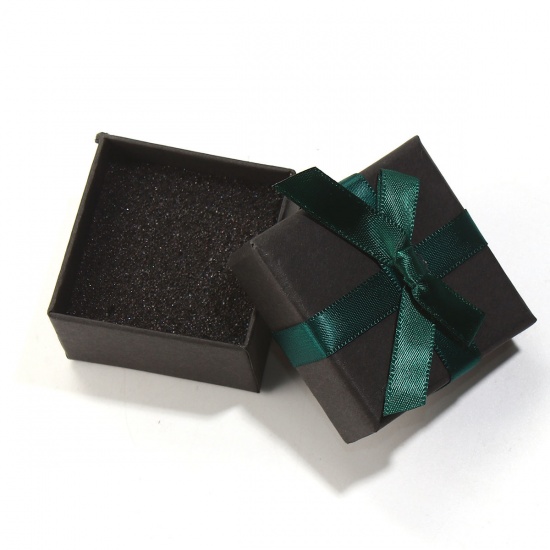 Picture of Paper Jewelry Rings Gift Boxes Square Black & Green Bowknot Pattern 53mm(2 1/8") x 53mm(2 1/8") , 2 PCs