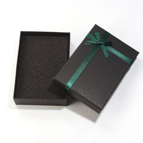 Picture of Paper Jewelry Necklace Gift Boxes Rectangle Black & Green Bowknot Pattern 14.5cm(5 6/8") x 10.2cm(4") long , 2 PCs