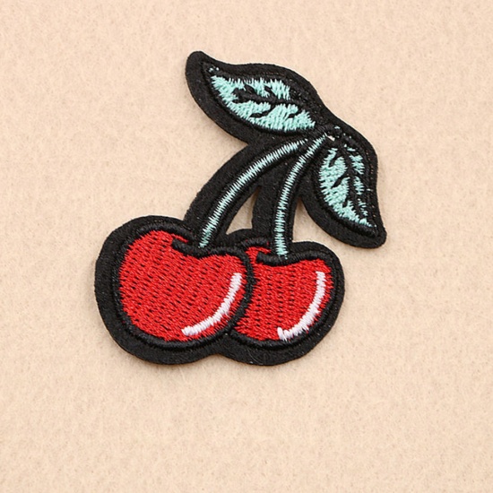 Picture of Fabric Embroidery Appliques Patches DIY Scrapbooking Craft Red Cherry Fruit 5.2cm(2") x 4.5cm(1 6/8"), 1 Piece
