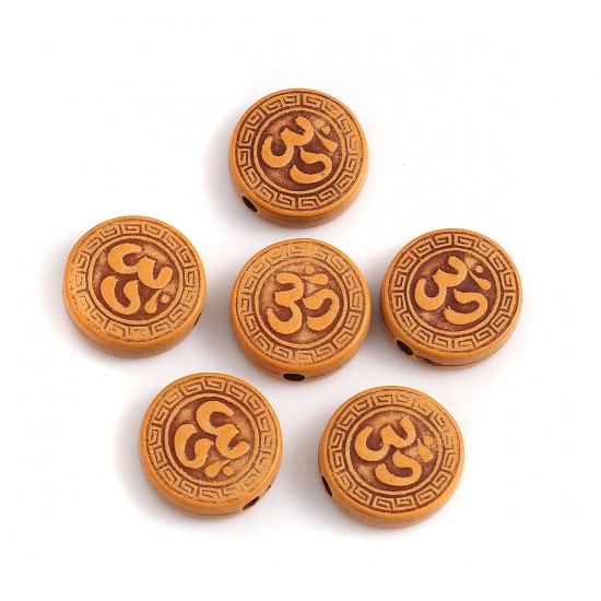 Picture of Acrylic Beads Round Brown Yoga OM/ Aum Pattern Imitation Wood About 14mm Dia, Hole: Approx 2mm, 200 PCs