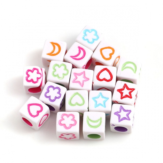 Picture of Acrylic Beads Square White At Random Pattern About 6mm x 6mm, Hole: Approx 3.3mm, 500 PCs