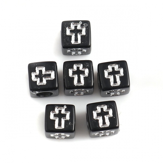 Picture of Acrylic Beads Square Black Cross Pattern About 6mm x 6mm, Hole: Approx 3.2mm, 500 PCs