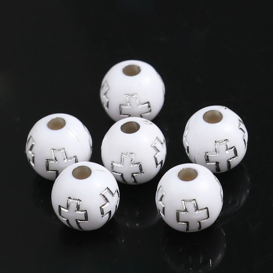 Picture of Acrylic Beads Round White Cross Pattern About 8mm Dia, Hole: Approx 2mm, 500 PCs
