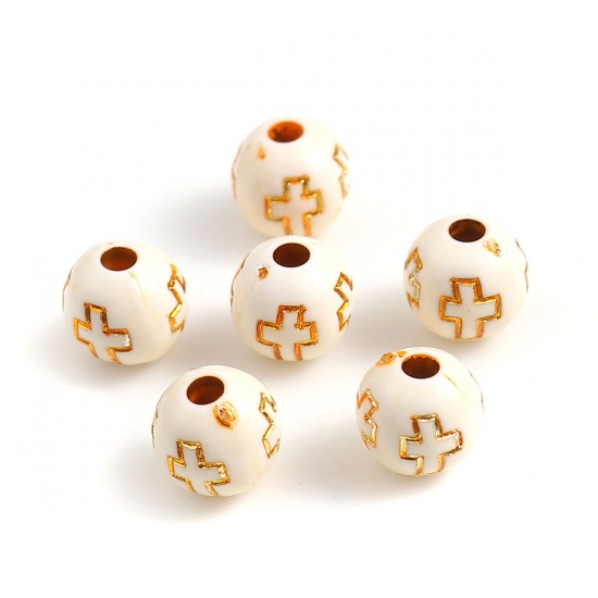 Picture of Acrylic Beads Round Creamy-White Cross Pattern About 8mm Dia, Hole: Approx 2mm, 500 PCs