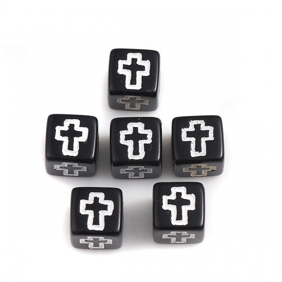 Picture of Acrylic Beads Square Black & White Cross Pattern About 6mm x 6mm, Hole: Approx 3.2mm, 500 PCs