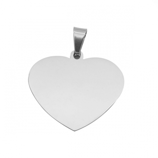 Picture of 304 Stainless Steel Pendants Heart Silver Tone Blank Stamping Tags One Side 3.8cm x 3.5cm, 1 Piece