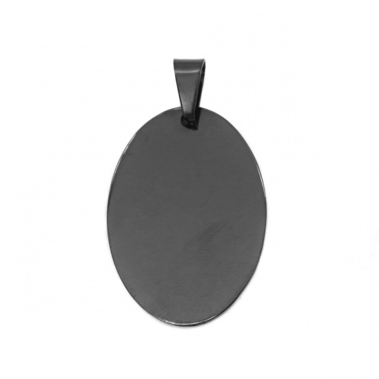 Picture of 304 Stainless Steel Pendants Oval Gunmetal Blank Stamping Tags One Side 4.3cm x 2.5cm, 1 Piece