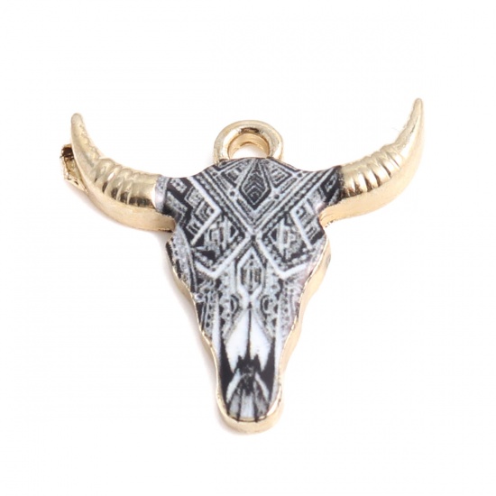 Picture of Zinc Based Alloy Charms Cow Animal Gold Plated Black & White Enamel 22mm x 21mm, 10 PCs