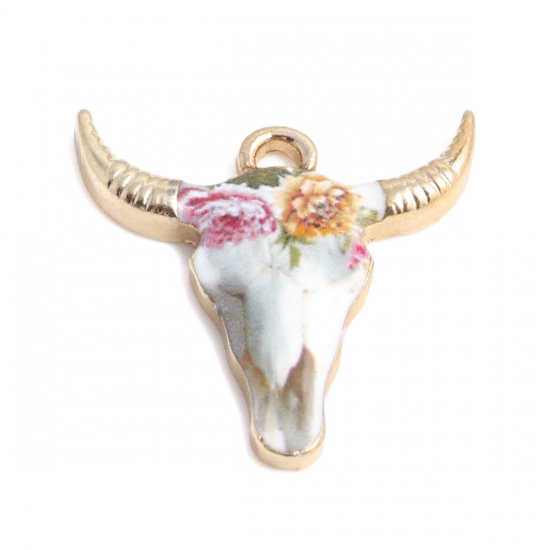 Picture of Zinc Based Alloy Charms Cow Animal Gold Plated Multicolor Flower Enamel 22mm x 21mm, 10 PCs