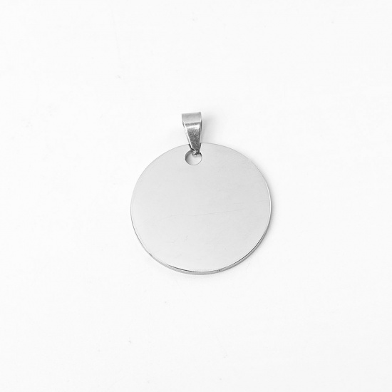 Picture of 304 Stainless Steel Pendants Round Silver Tone Blank Stamping Tags One Side 3.4cm x 2.8cm, 1 Piece