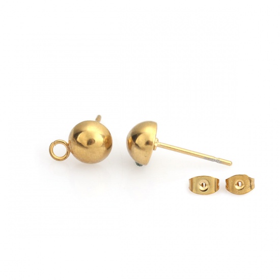Picture of 304 Stainless Steel Ear Post Stud Earrings Round Gold Plated W/ Loop 9mm x 6mm, Post/ Wire Size: (21 gauge), 50 PCs