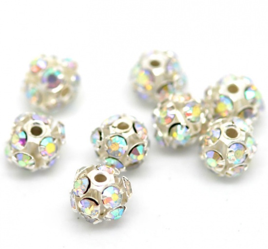 Picture of Zinc Based Alloy Spacer Beads Ball Silver Plated AB Color Rhinestone About 6mm Dia, Hole:Approx 1mm, 2 PCs