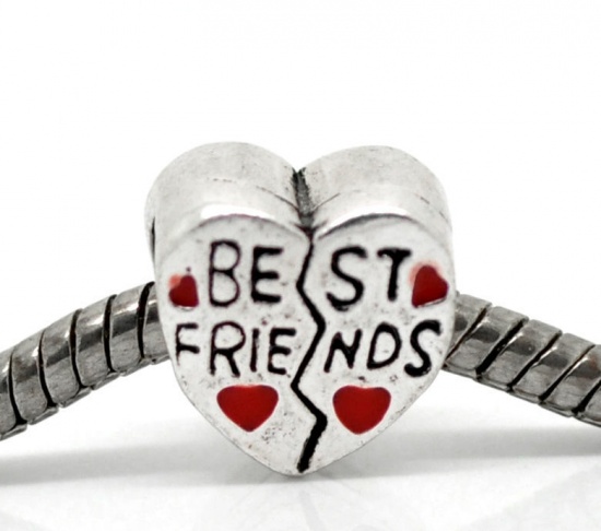 Picture of Zinc Based Alloy European Style Large Hole Charm Beads Antique Silver Color Red Heart Message " BEST FRIENDS " Enamel 11mm x 11mm, Hole: Approx 5mm, 1 Piece