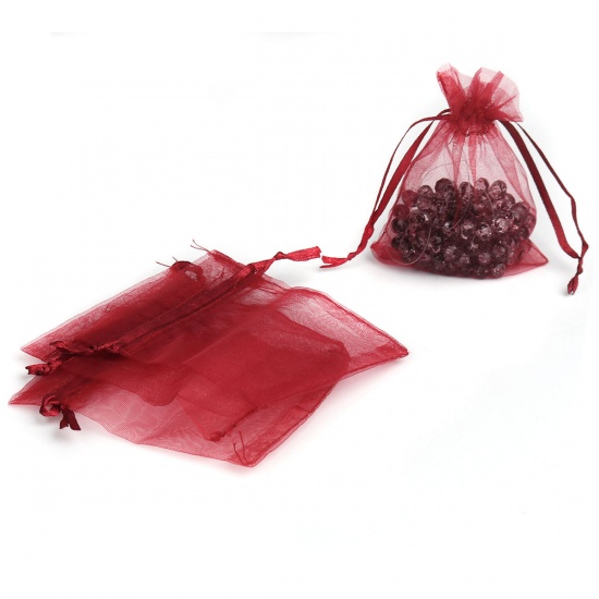 Immagine di Regalo di Matrimonio Sacchetti dei Monili del Organza Disegnabile Rettangolo Colore di Vino Rosso 10cm x 8cm, (Spazio utilizzabile: 8x8cm ) 30 Pz