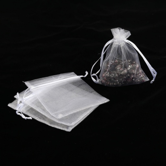 Picture of Wedding Gift Organza Jewelry Bags Drawstring Rectangle White 10cm x8cm(3 7/8" x3 1/8"), (Usable Space: 8x8cm) 30 PCs