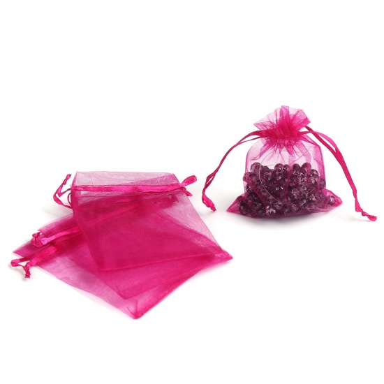 Picture of Wedding Gift Organza Jewelry Bags Drawstring Rectangle Fuchsia 10cm x8cm(3 7/8" x3 1/8"), (Usable Space: 8x8cm) 30 PCs