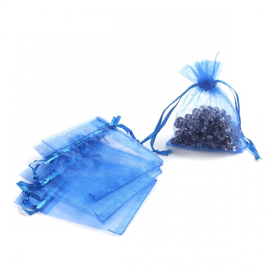 Picture of Wedding Gift Organza Jewelry Bags Drawstring Rectangle Royal Blue 10cm x8cm(3 7/8" x3 1/8"), (Usable Space: 8x8cm) 30 PCs