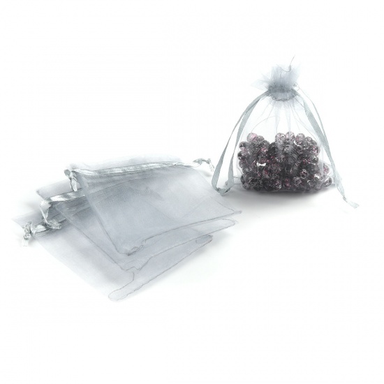 Picture of Wedding Gift Organza Jewelry Bags Drawstring Rectangle Gray 10cm x8cm(3 7/8" x3 1/8"), (Usable Space: 8x8cm) 30 PCs