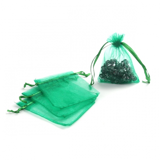 Picture of Wedding Gift Organza Jewelry Bags Drawstring Rectangle Dark Green 10cm x8cm(3 7/8" x3 1/8"), (Usable Space: 8x8cm) 30 PCs