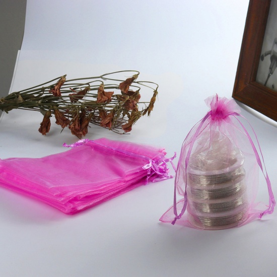 結婚祝い ギフト オーガンジー袋 巾着袋 アクセサリーバック ラッピング  描画可能 長方形 フクシア色 （使用可能なスペース: 13.5x10.5cm ) 16cm x 11cm、 20 個 の画像