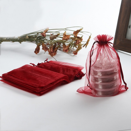 Immagine di Regalo di Matrimonio Sacchetti dei Monili del Organza Disegnabile Rettangolo Colore di Vino Rosso (Spazio utilizzabile: 13.5x10.5cm ) 16cm x 11cm, 20 Pz