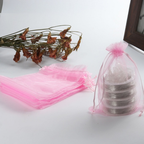 結婚祝い ギフト オーガンジー袋 巾着袋 アクセサリーバック ラッピング  描画可能 長方形 ピンク （使用可能なスペース: 13.5x10.5cm ) 16cm x 11cm、 20 個 の画像