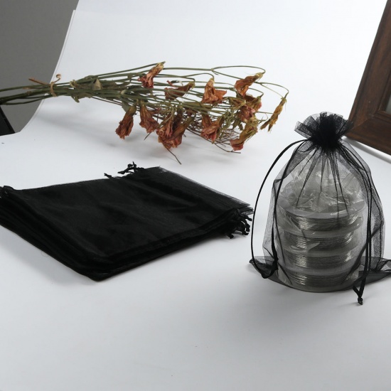 結婚祝い ギフト オーガンジー袋 巾着袋 アクセサリーバック ラッピング  描画可能 長方形 黒 （使用可能なスペース: 13.5x10.5cm ) 16cm x 11cm、 20 個 の画像