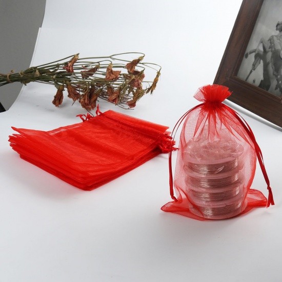 結婚祝い ギフト オーガンジー袋 巾着袋 アクセサリーバック ラッピング  描画可能 長方形 赤 （使用可能なスペース: 12x9.5cm ) 14.5cm x 10cm、 20 個 の画像