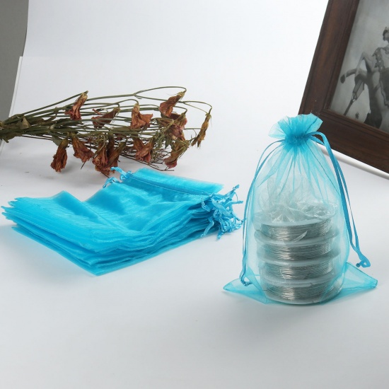 結婚祝い ギフト オーガンジー袋 巾着袋 アクセサリーバック ラッピング  描画可能 長方形 淡いターコイズ色 （使用可能なスペース: 13.5x10.5cm ) 16cm x 11cm、 20 個 の画像