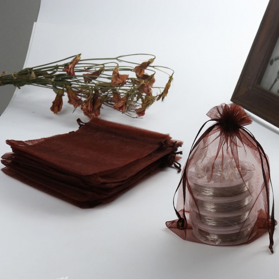 結婚祝い ギフト オーガンジー袋 巾着袋 アクセサリーバック ラッピング  描画可能 長方形 コーヒー色 （使用可能なスペース: 13.5x10.5cm ) 16cm x 11cm、 20 個 の画像