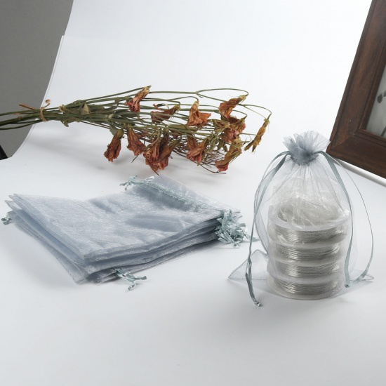 結婚祝い ギフト オーガンジー袋 巾着袋 アクセサリーバック ラッピング  描画可能 長方形 グレー （使用可能なスペース: 13.5x10.5cm ) 16cm x 11cm、 20 個 の画像