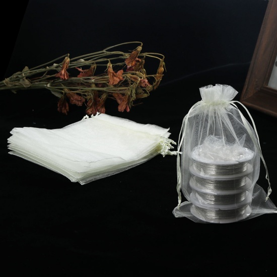 Picture of Wedding Gift Organza Jewelry Bags Drawstring Rectangle Beige (Usable Space: 15.5x12.5cm) 18cm x 12.8cm, 20 PCs