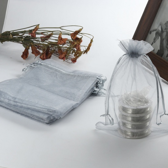 Picture of Wedding Gift Organza Jewelry Bags Drawstring Rectangle Gray (Usable Space: 18.5x16cm) 22.5cm x 16.5cm, 20 PCs
