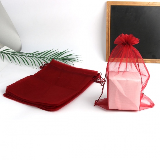 Picture of Wedding Gift Organza Drawstring Bags Rectangle Wine Red (Usable Space: 30x24cm) 34cm x 24cm, 10 PCs