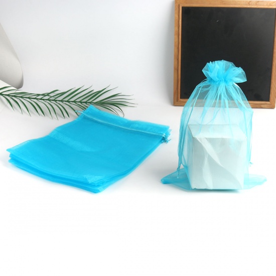 Picture of Wedding Gift Organza Drawstring Bags Rectangle Lake Blue (Usable Space: 30x24cm) 34cm x 24cm, 10 PCs