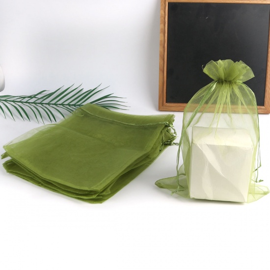 Picture of Wedding Gift Organza Drawstring Bags Rectangle Army Green (Usable Space: 30x24cm) 34cm x 24cm, 10 PCs