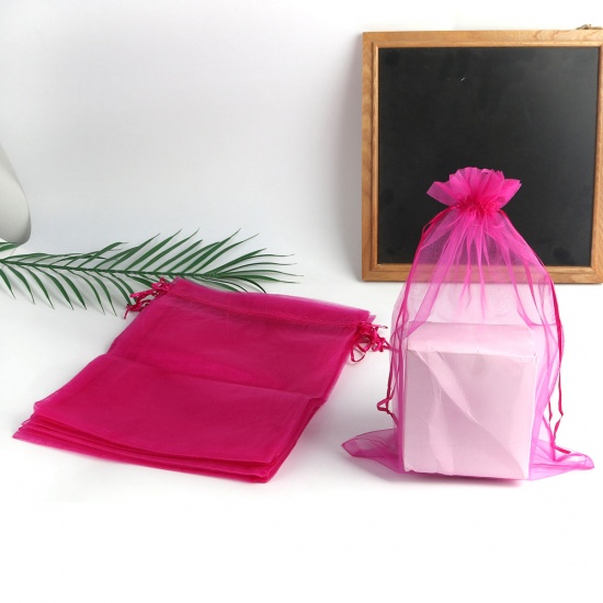 結婚祝い ギフト オーガンジー袋 巾着袋 アクセサリーバック ラッピング 長方形 フクシア色 （使用可能なスペース: 26x20cm ) 30cm x 20cm、 10 個 の画像