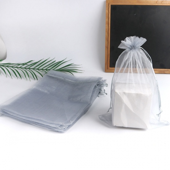 Picture of Wedding Gift Organza Drawstring Bags Rectangle Gray (Usable Space: 26x20cm) 30cm x 20cm, 10 PCs