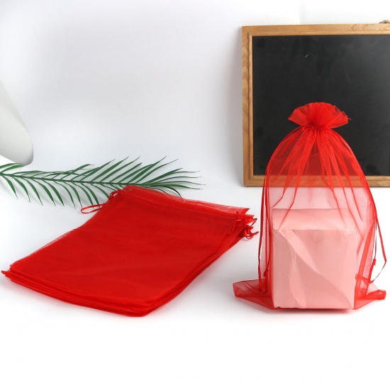 結婚祝い ギフト オーガンジー袋 巾着袋 アクセサリーバック ラッピング 長方形 赤 （使用可能なスペース: 26x20cm ) 30cm x 20cm、 10 個 の画像