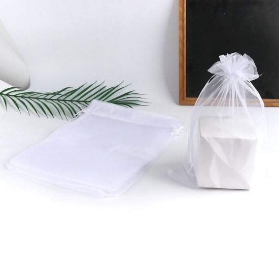 結婚祝い ギフト オーガンジー袋 巾着袋 アクセサリーバック ラッピング 長方形 白 （使用可能なスペース: 26x20cm ) 30cm x 20cm、 10 個 の画像