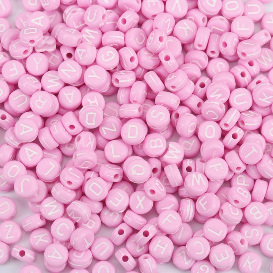 Picture of Acrylic Beads Flat Round At Random Light Pink Initial Alphabet/ Capital Letter Pattern About 7mm Dia., Hole: Approx 1.7mm, 500 PCs