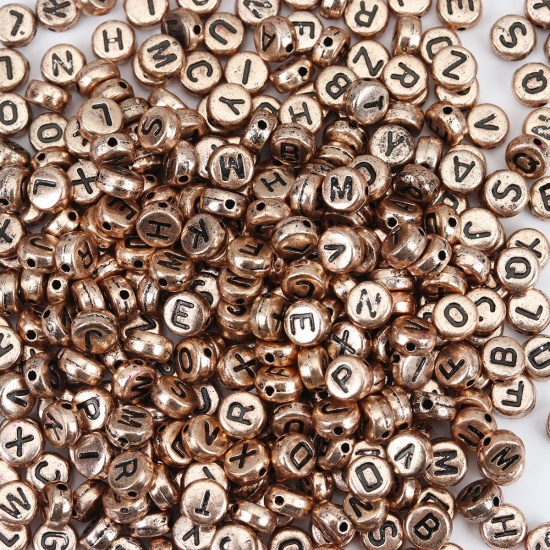 Picture of Acrylic Beads Flat Round At Random Champagne Gold Initial Alphabet/ Capital Letter Pattern About 7mm Dia., Hole: Approx 1.4mm, 500 PCs