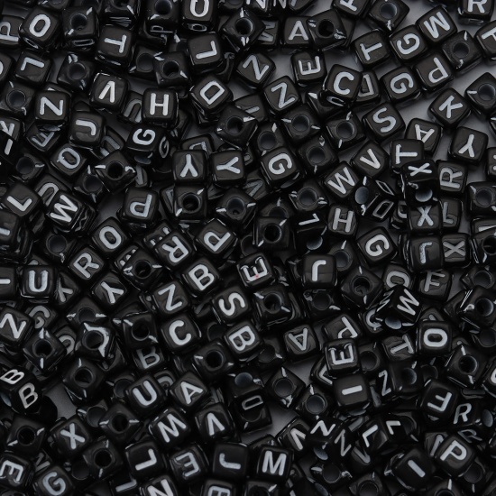 Picture of Acrylic Beads Square At Random Black & White Initial Alphabet/ Capital Letter Pattern About 5mm x 5mm, Hole: Approx 2.1mm, 500 PCs