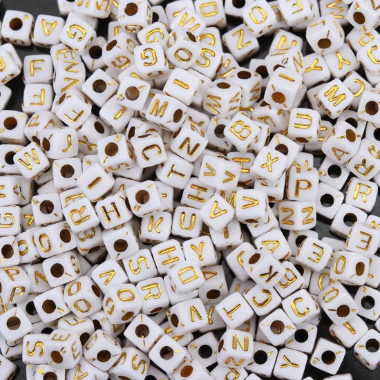 Picture of Acrylic Beads Square At Random Golden Initial Alphabet/ Capital Letter Pattern About 5mm x 5mm, Hole: Approx 2.1mm, 500 PCs