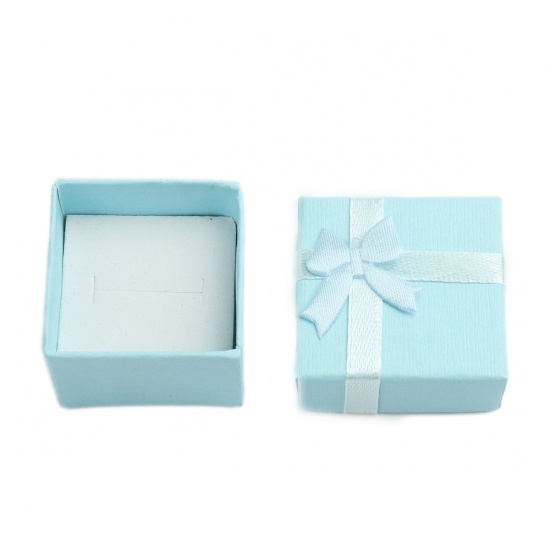Picture of Paper Jewelry Gift Boxes Square Blue Bowknot Pattern 4.3cm x 4.3cm , 6 PCs
