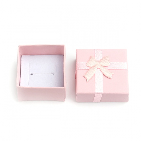 Picture of Paper Jewelry Gift Boxes Square Pink Bowknot Pattern 4.3cm x 4.3cm , 6 PCs