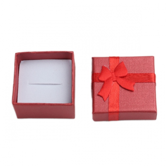 Picture of Paper Jewelry Gift Boxes Square Red Bowknot Pattern 4.3cm x 4.3cm , 6 PCs