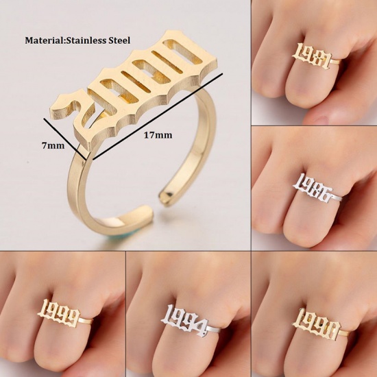 Picture of Stainless Steel Year Open Adjustable Rings Gold Plated Number " 1997 " Adjustable 17.3mm(US Size 7), 1 Piece