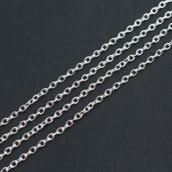 Picture of Iron Based Alloy Link Cable Chain Findings Silver Plated Flat Round 3mm x 2mm, 10 M