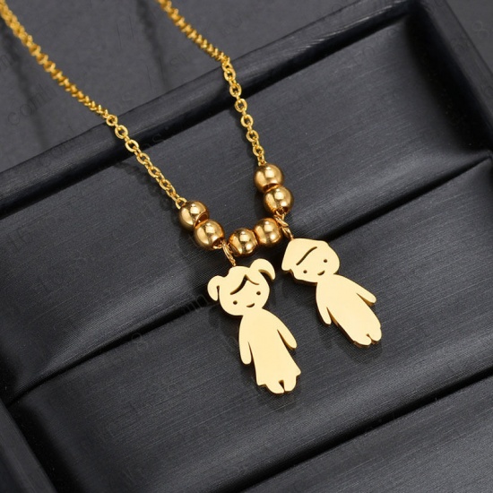 Picture of Stainless Steel Necklace Gold Plated Boy & Girl Lover Blank Stamping Tags One Side 45cm(17 6/8") long, 1 Piece